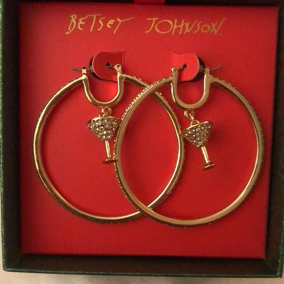 Betsey Johnson Gold Tone Hoop Earrings With Martini Charm & Crystal Accents NIB - Picture 9 of 13